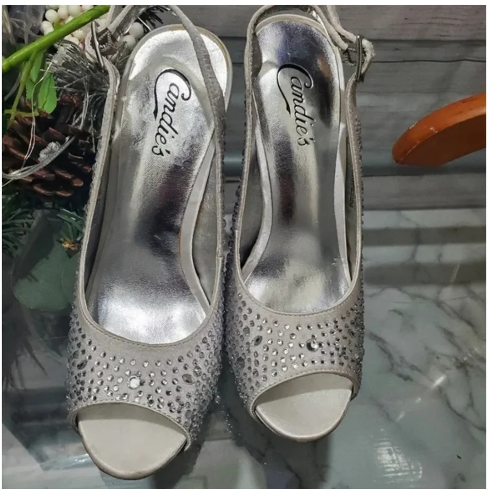Candie's Rhinestones Embellished Open Toe Sling Back Stilletoes Silver 8.5M